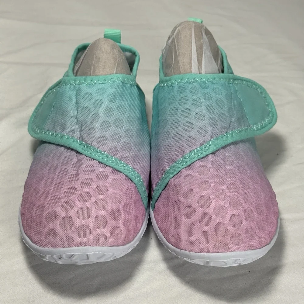 Kids Water Shoes Pink Green Slip On Size US 1 EU 32 Beach Swim Lightweight